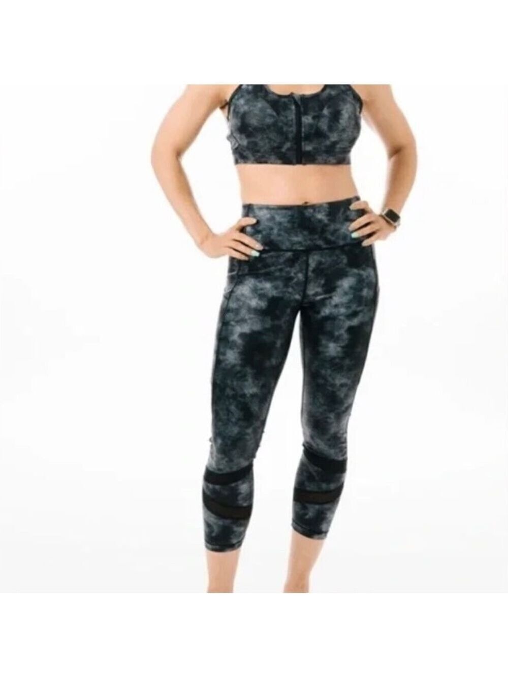 Zyia Gray Faux Leather Stonewashed Mesh 7/8 leggings